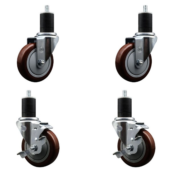 Service Caster 4'' Maroon Poly Wheel Swivel 1-3/4'' Expanding Stem Caster Set 2 Brakes, 4PK SCC-EX20S414-PPUB-MRN-2-TLB-2-134 - main